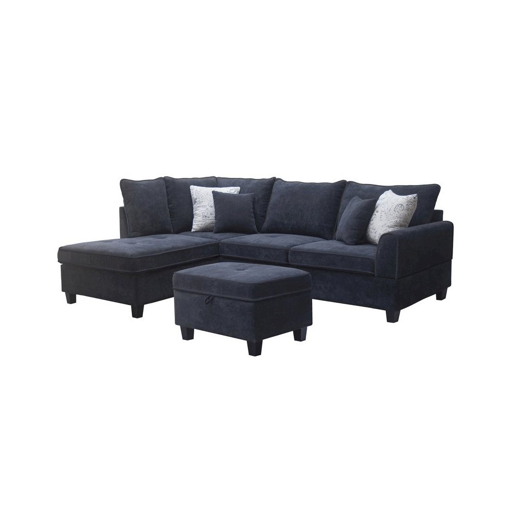 99.5″W Black Fabric Sectional Sofa with Left-Facing Chaise Storage Ottoman