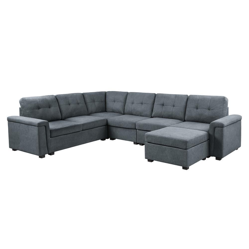 Isla Gray Woven Fabric 7-Seater Sectional Sofa with Ottoman