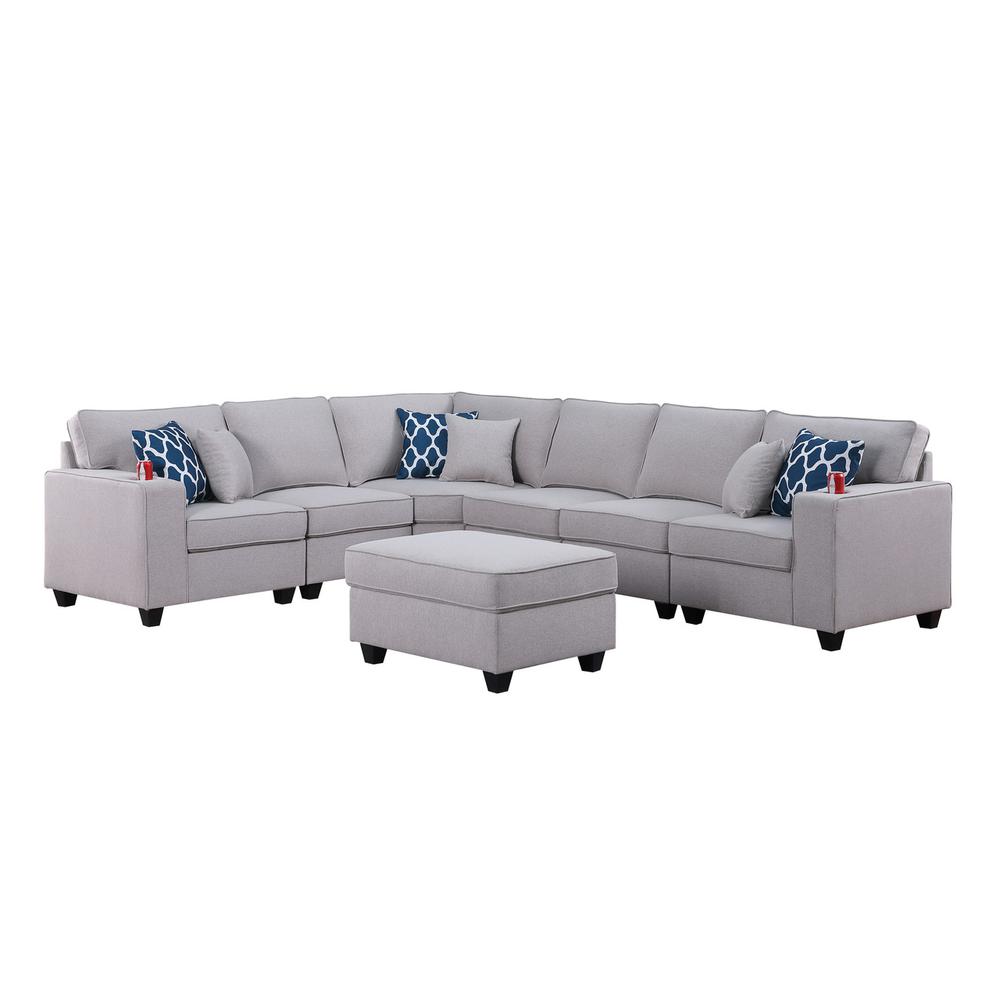 Cooper Light Gray Linen 7Pc Reversible L-Shape Sectional Sofa with Ottoman and Cupholder