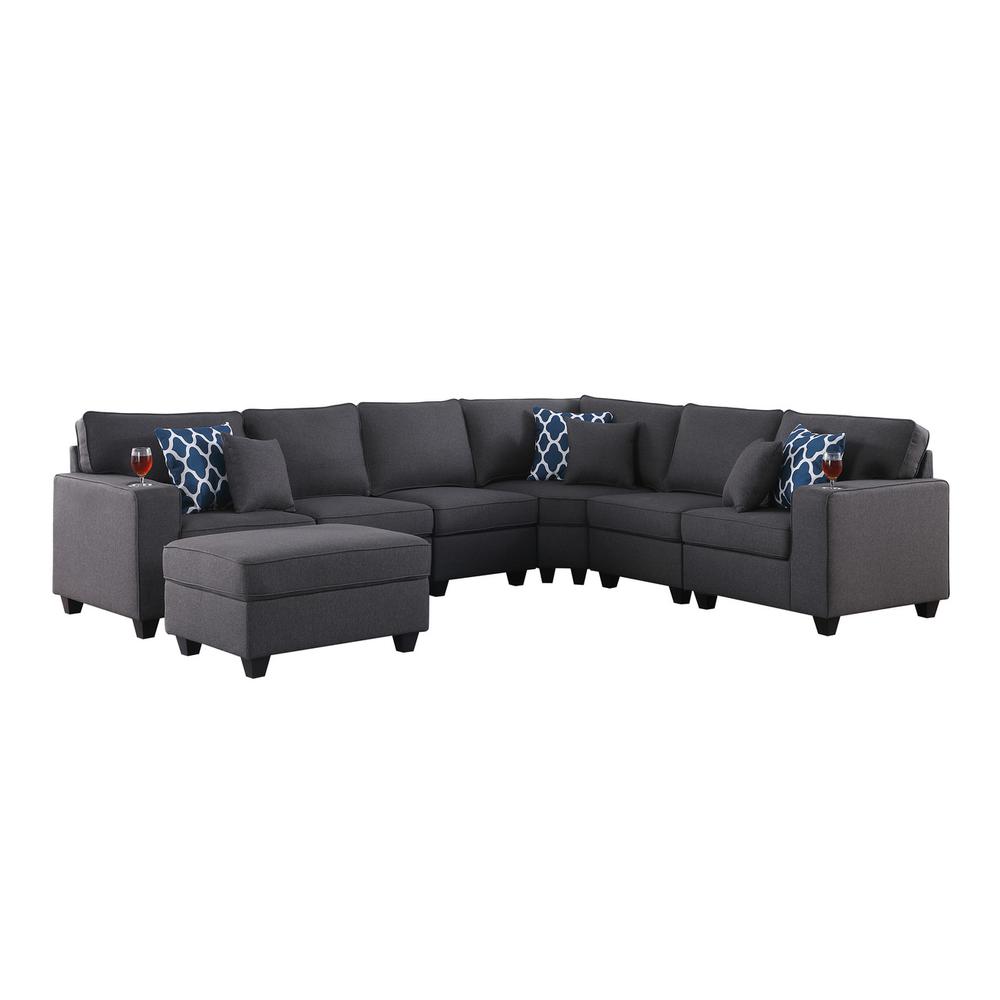Cooper Dark Gray Linen 7Pc Reversible L-Shape Sectional Sofa with Ottoman and Cupholder