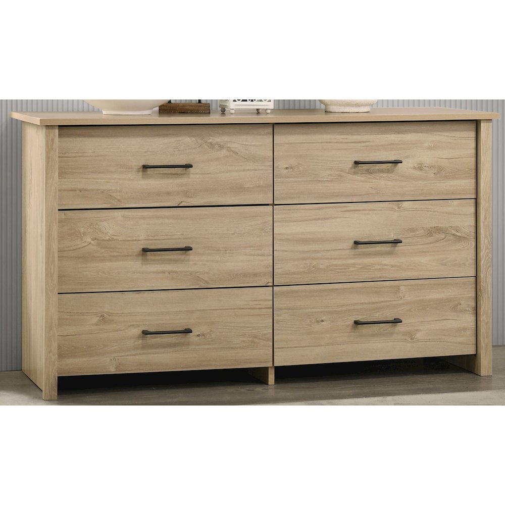 Celeste 57″W Light Oak Finish 6-Drawer Dresser with Black Handles