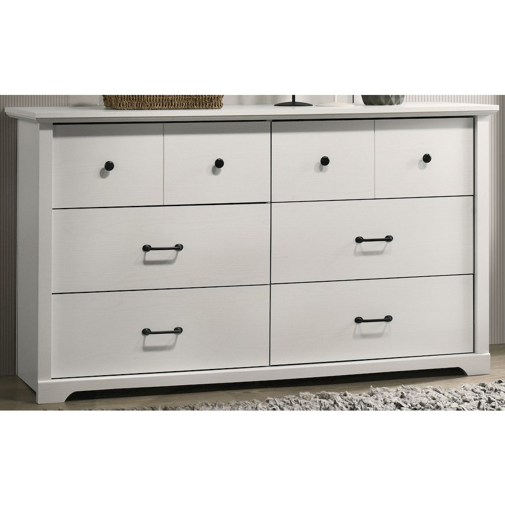 Elara 57″W White 6-Drawer Dresser with Black Handles