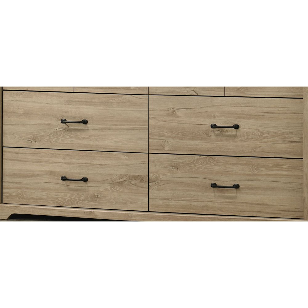 Elara 57″W Light Oak Finish 6-Drawer Dresser with Black Handles