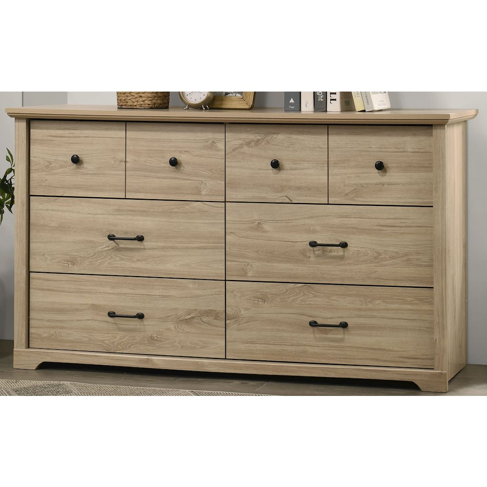 Elara 57″W Light Oak Finish 6-Drawer Dresser with Black Handles