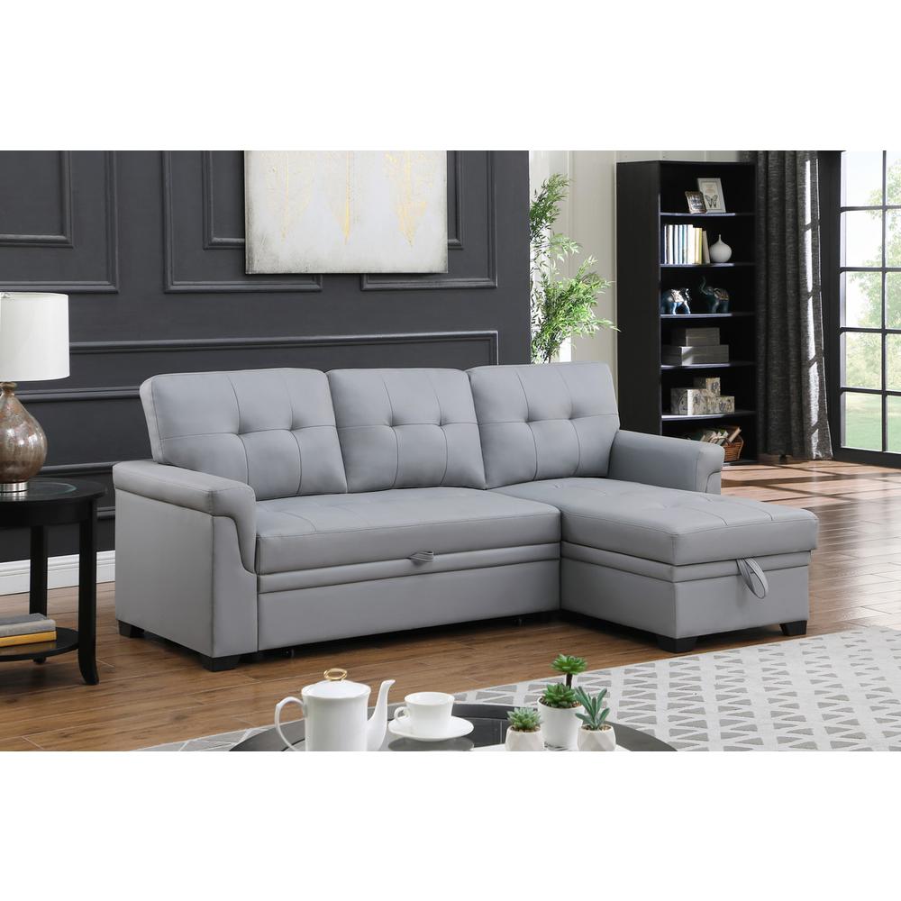 Lexi Gray Synthetic Leather Modern Reversible Sleeper Sectional Sofa with Storage Chaise