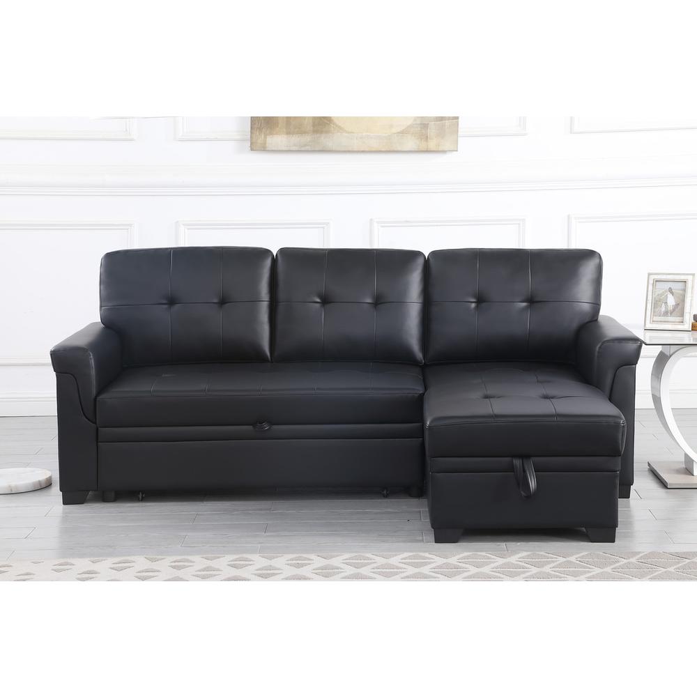 Lexi Black Synthetic Leather Modern Reversible Sleeper Sectional Sofa with Storage Chaise