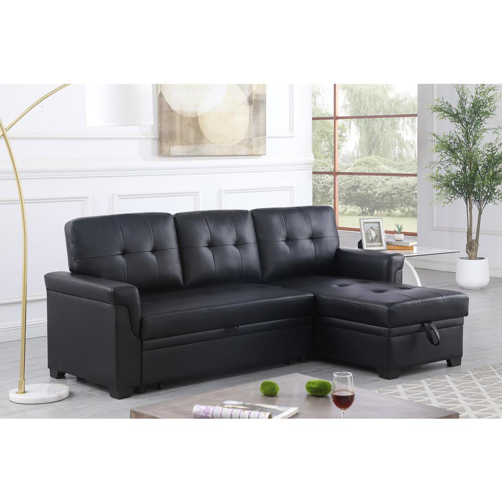 Lexi Black Synthetic Leather Modern Reversible Sleeper Sectional Sofa with Storage Chaise