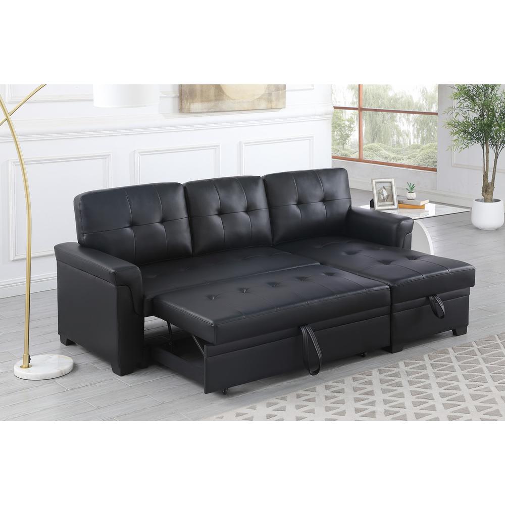 Lexi Black Synthetic Leather Modern Reversible Sleeper Sectional Sofa with Storage Chaise