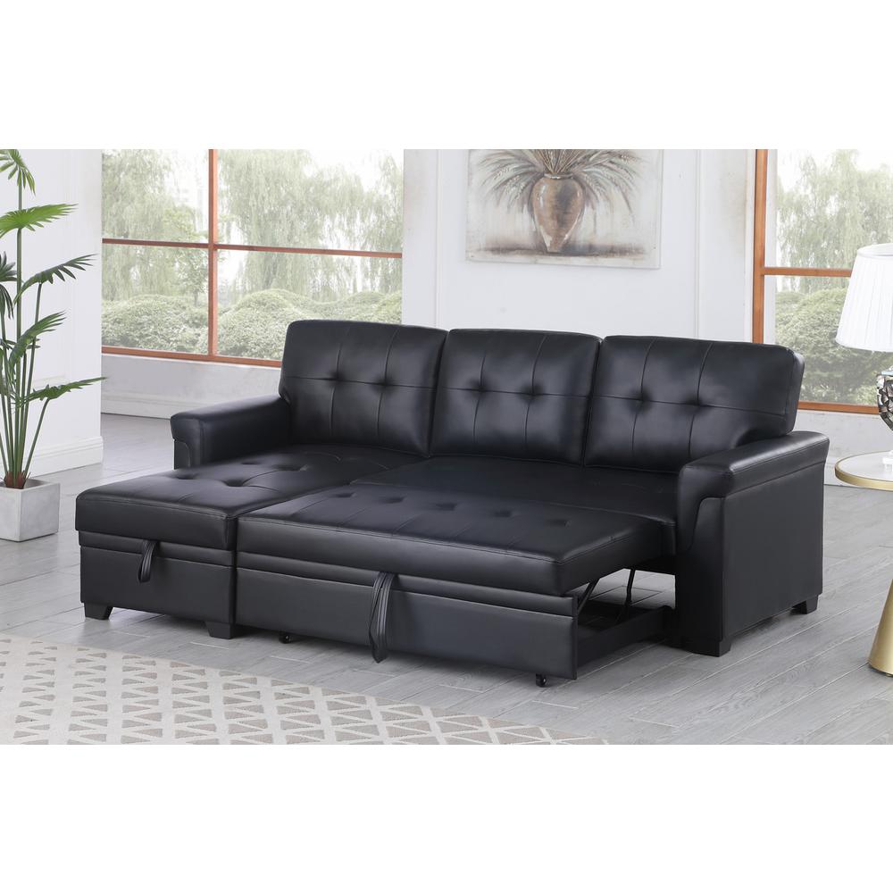 Lexi Black Synthetic Leather Modern Reversible Sleeper Sectional Sofa with Storage Chaise