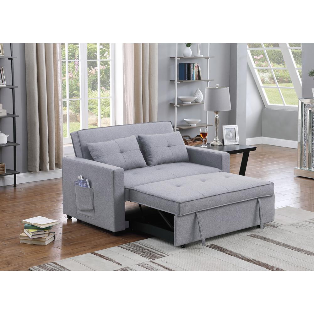 Zoey Light Gray Linen Convertible Sleeper Loveseat with Side Pocket