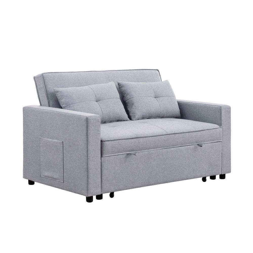 Zoey Light Gray Linen Convertible Sleeper Loveseat with Side Pocket