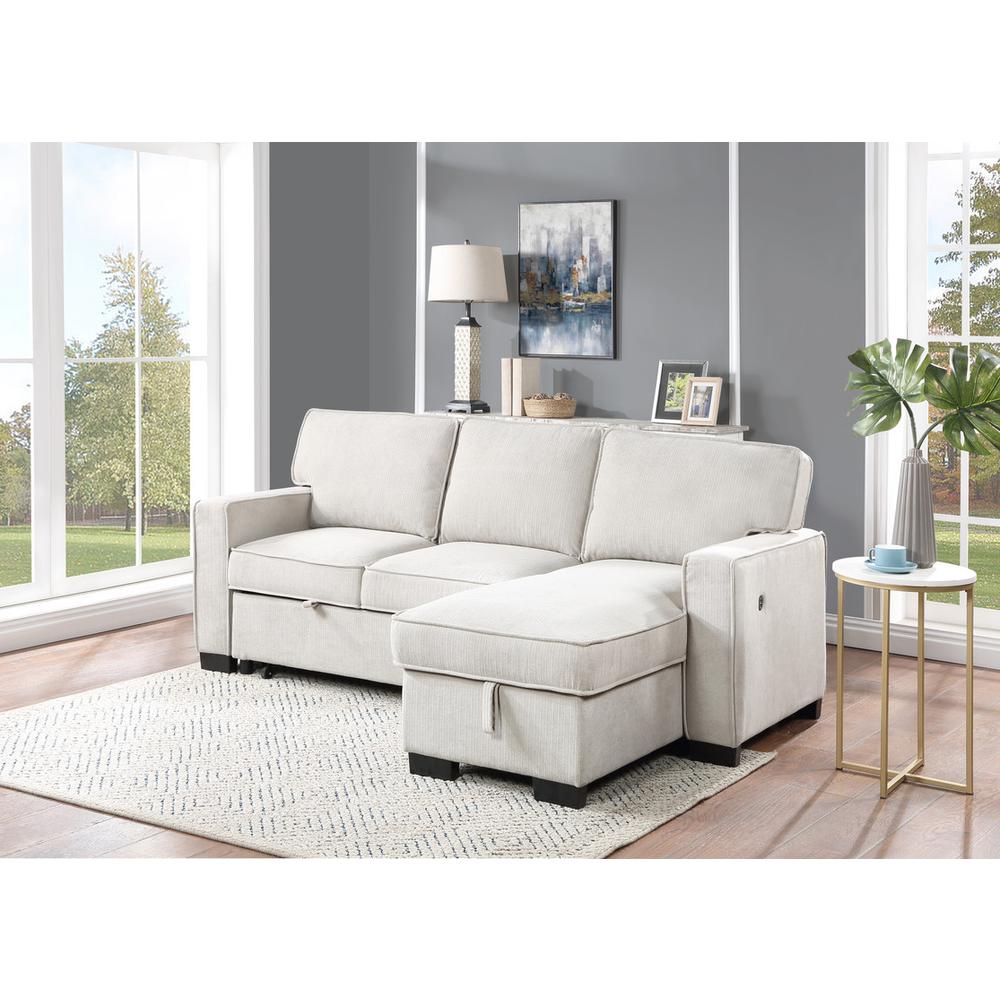 Estelle Beige Fabric Reversible Sleeper Sectional with Storage Chaise Drop-Down Table 2 Cup Holders and 2USB Ports