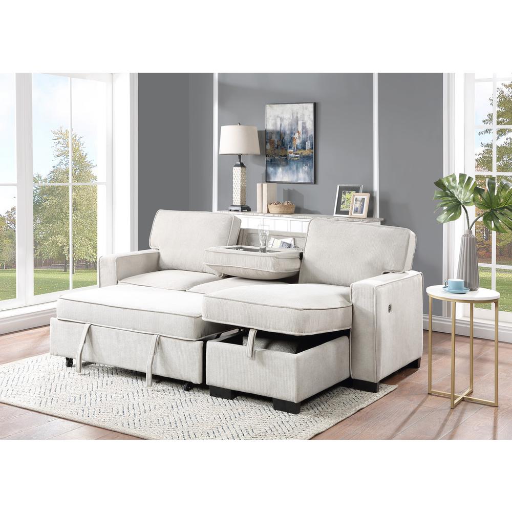 Estelle Beige Fabric Reversible Sleeper Sectional with Storage Chaise Drop-Down Table 2 Cup Holders and 2USB Ports