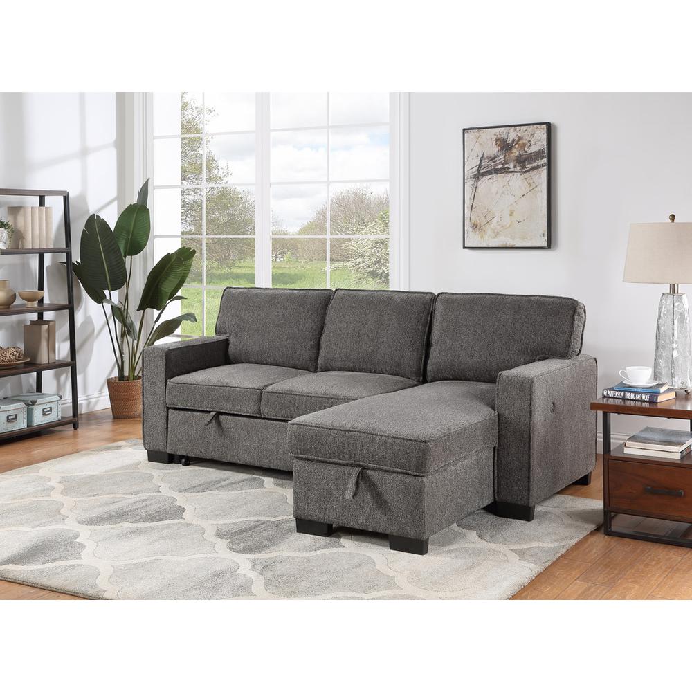 Estelle Dark Gray Fabric Reversible Sleeper Sectional with Storage Chaise Drop-Down Table 2 Cup Holders and 2 USB Ports