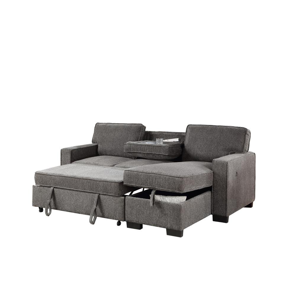 Estelle Dark Gray Fabric Reversible Sleeper Sectional with Storage Chaise Drop-Down Table 2 Cup Holders and 2 USB Ports