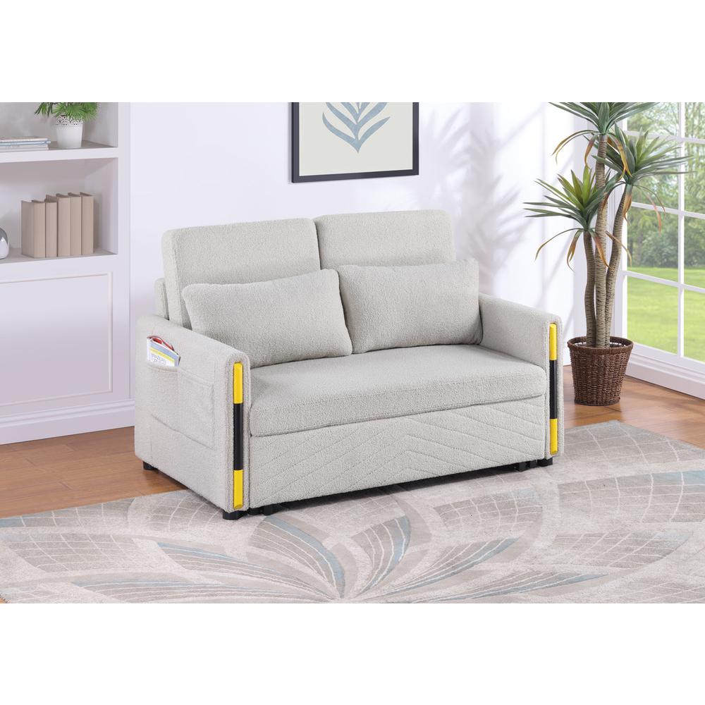 Beige Teddy Velvet Sleeper Loveseat with Side Pockets