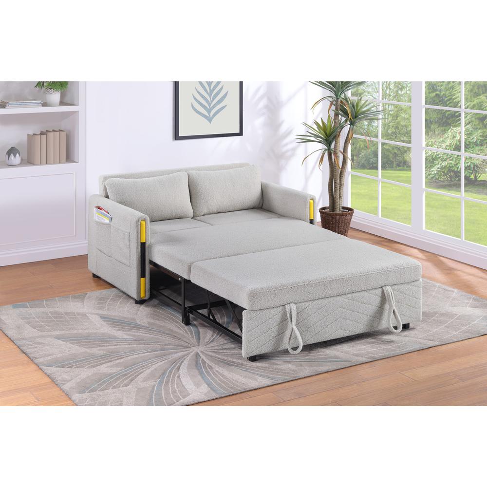Beige Teddy Velvet Sleeper Loveseat with Side Pockets