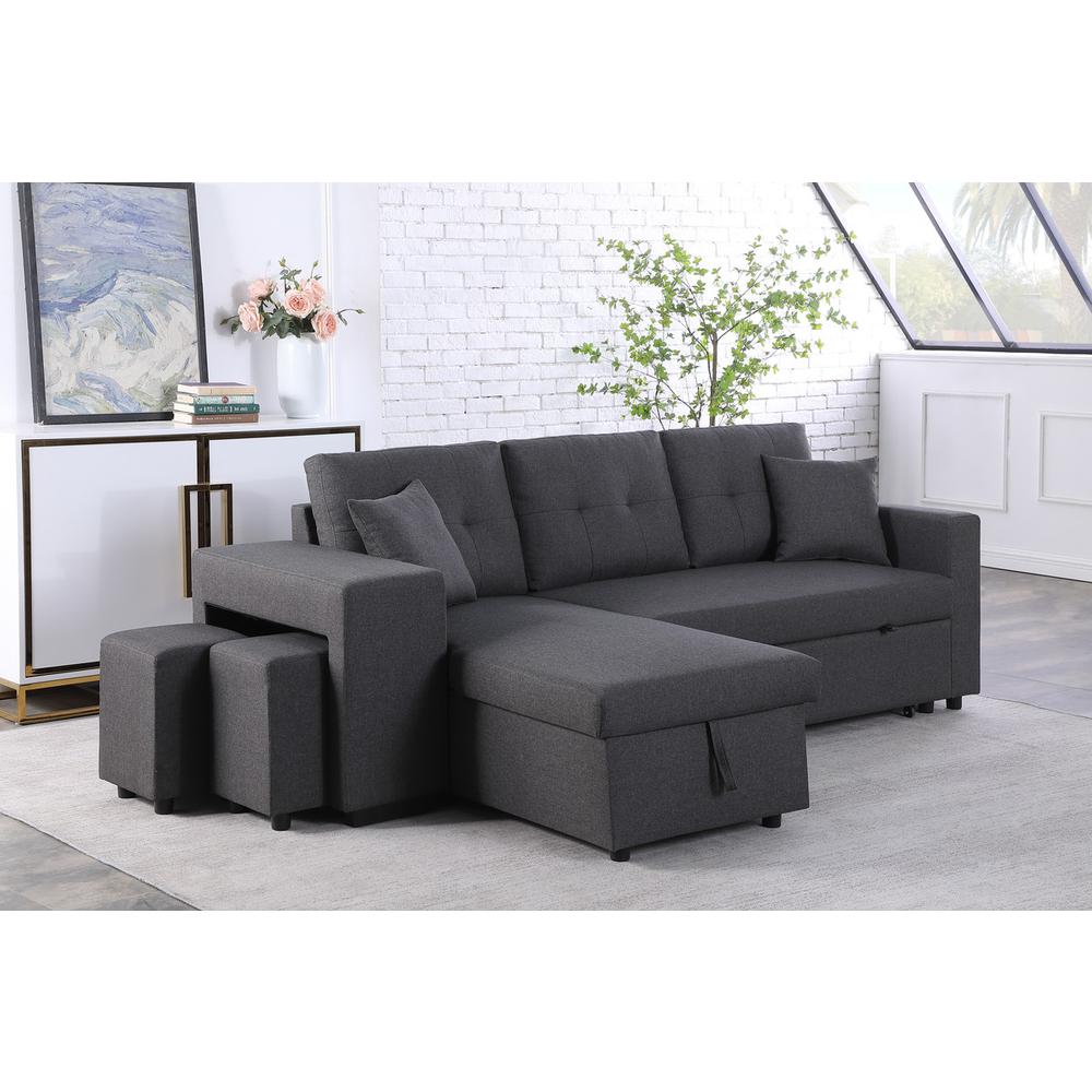 Dennis Dark Gray Linen Fabric Reversible Sleeper Sectional with Storage Chaise and 2 Stools