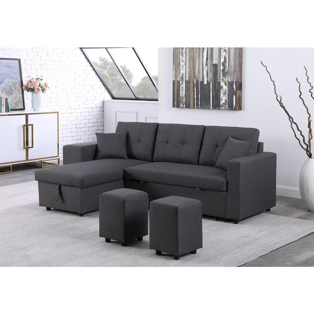 Dennis Dark Gray Linen Fabric Reversible Sleeper Sectional with Storage Chaise and 2 Stools