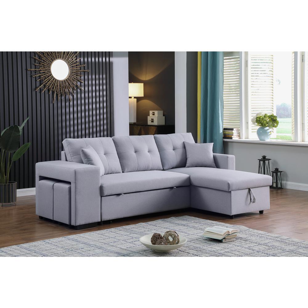 Dennis Light Gray Linen Fabric Reversible Sleeper Sectional with Storage Chaise and 2 Stools
