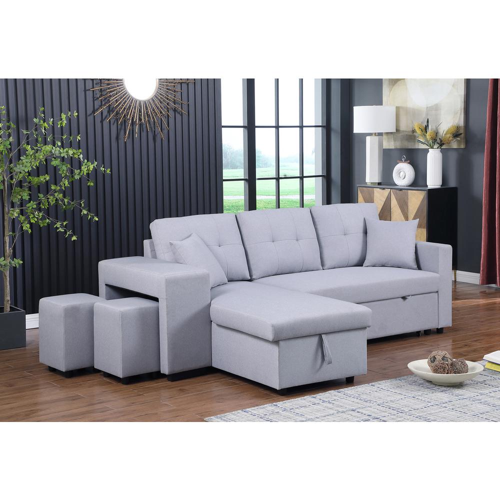 Dennis Light Gray Linen Fabric Reversible Sleeper Sectional with Storage Chaise and 2 Stools