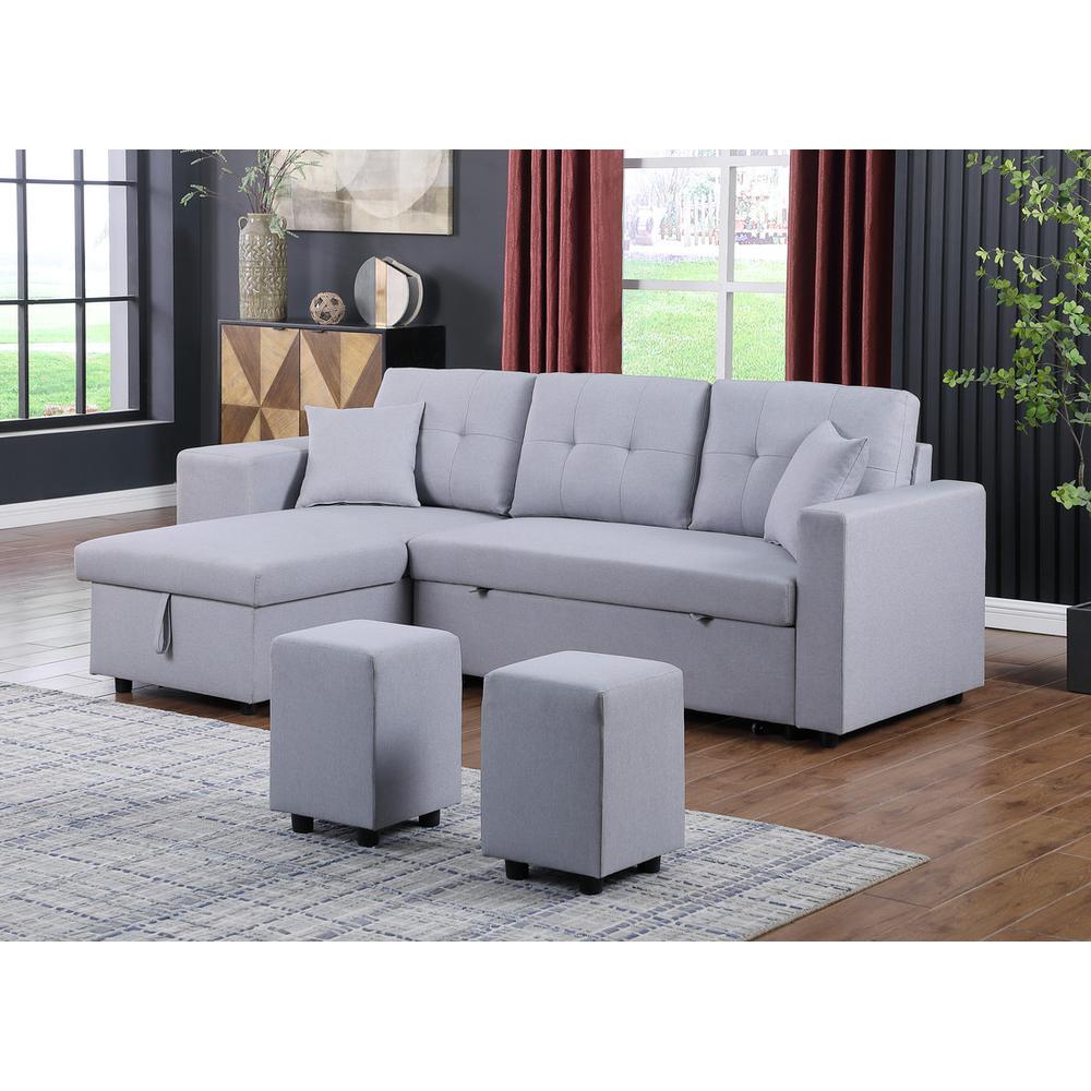 Dennis Light Gray Linen Fabric Reversible Sleeper Sectional with Storage Chaise and 2 Stools