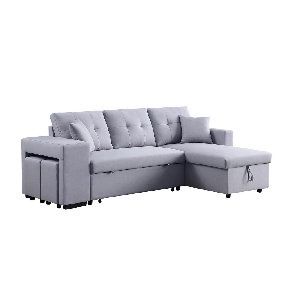 Dennis Light Gray Linen Fabric Reversible Sleeper Sectional with Storage Chaise and 2 Stools
