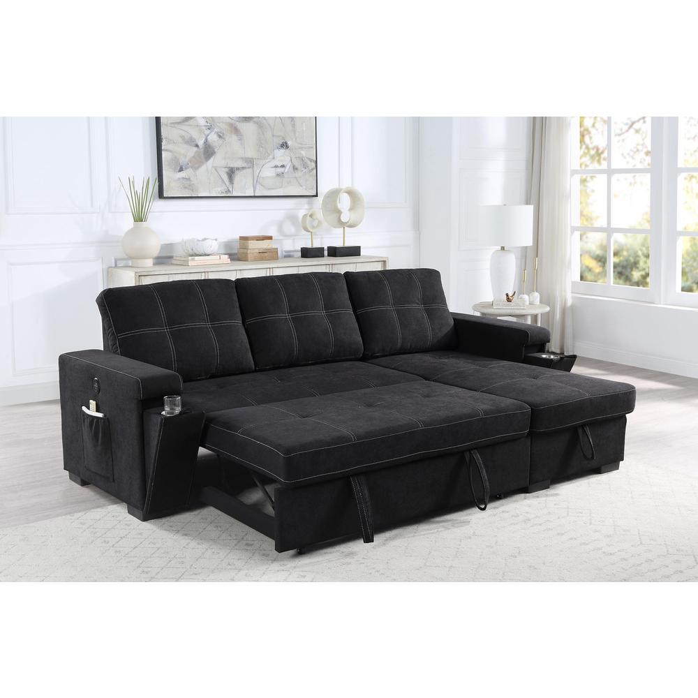 Woven Fabric Reversible Sleeper Sectional Sofa with Storage Chaise Cup Holder