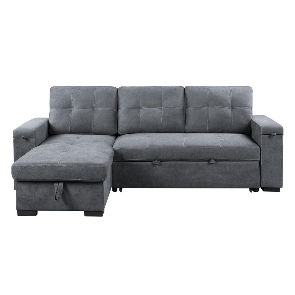 Toby Gray Woven Fabric Reversible Sleeper Sectional Sofa with Storage Chaise Cup Holder USB Ports and Pockets