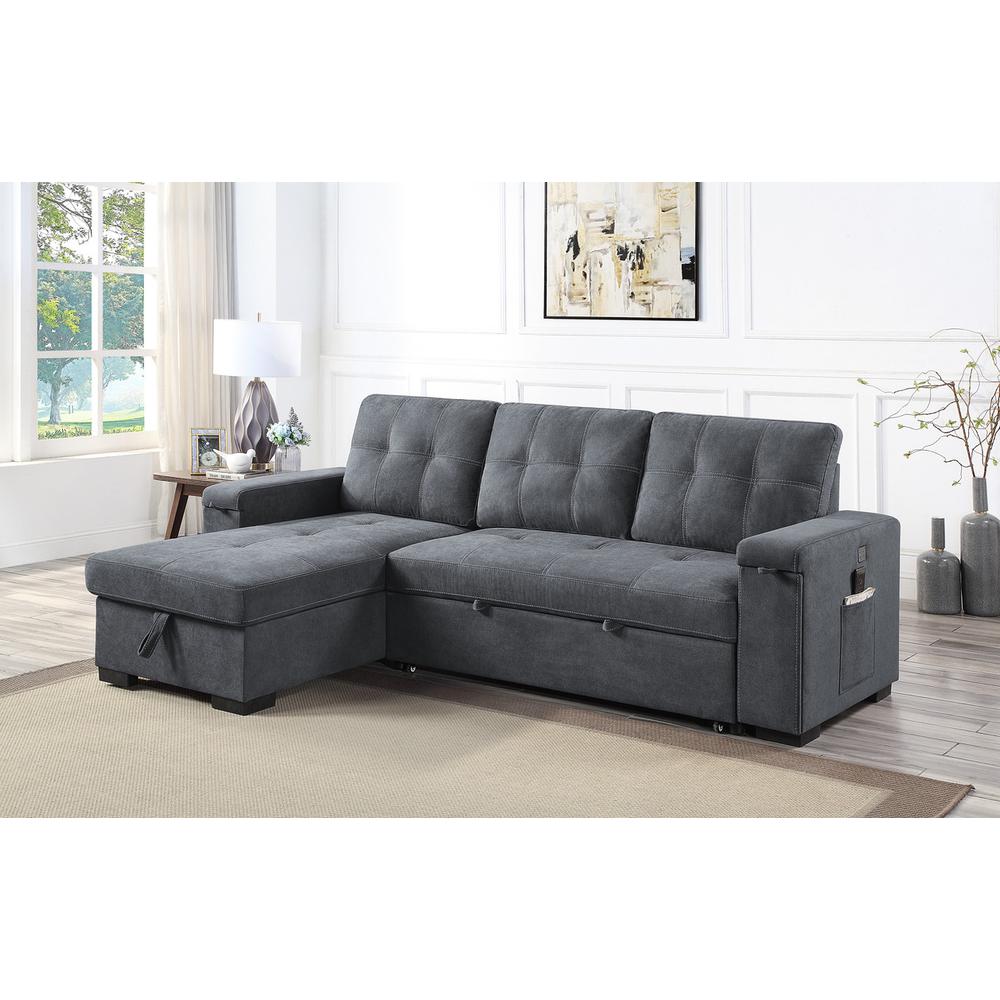 Toby Gray Woven Fabric Reversible Sleeper Sectional Sofa with Storage Chaise Cup Holder USB Ports and Pockets