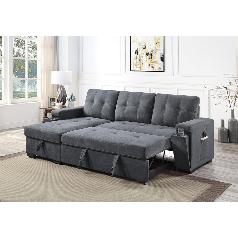 Toby Gray Woven Fabric Reversible Sleeper Sectional Sofa with Storage Chaise Cup Holder USB Ports and Pockets