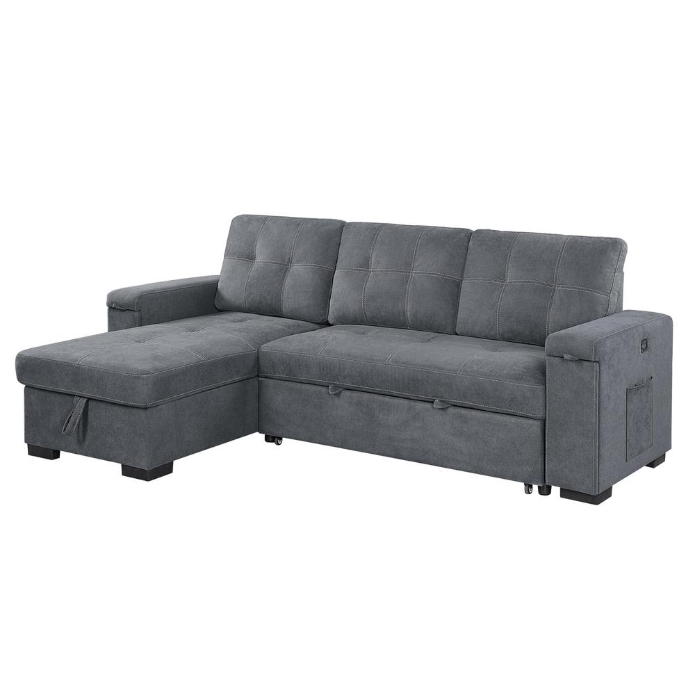Toby Gray Woven Fabric Reversible Sleeper Sectional Sofa with Storage Chaise Cup Holder USB Ports and Pockets