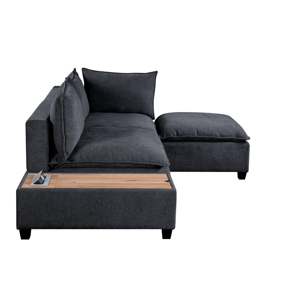 Madison Dark Gray Fabric Sectional Loveseat Ottoman with USB Storage Console Table