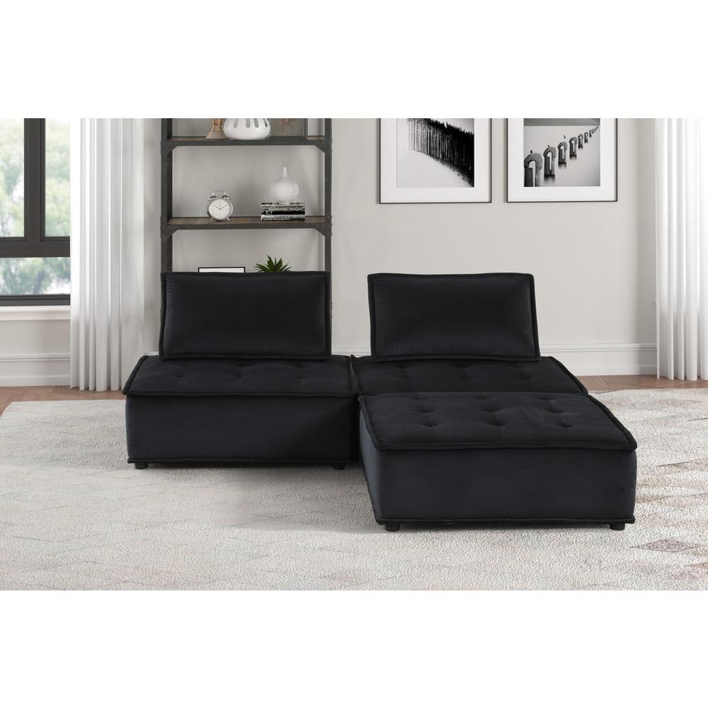 Anna Black Velvet 3 Pc Sectional Sofa Ottoman