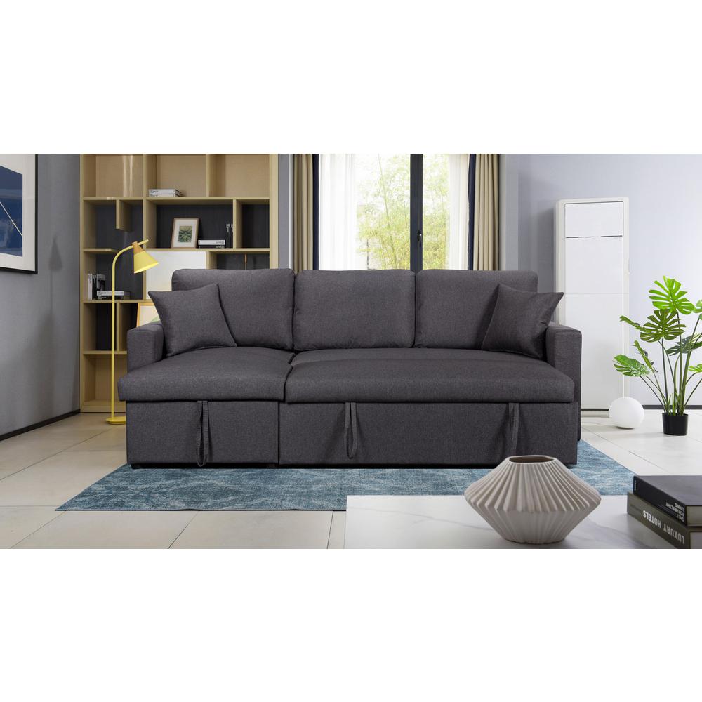 Paisley Dark Gray Linen Fabric Reversible Sleeper Sectional Sofa with Storage Chaise