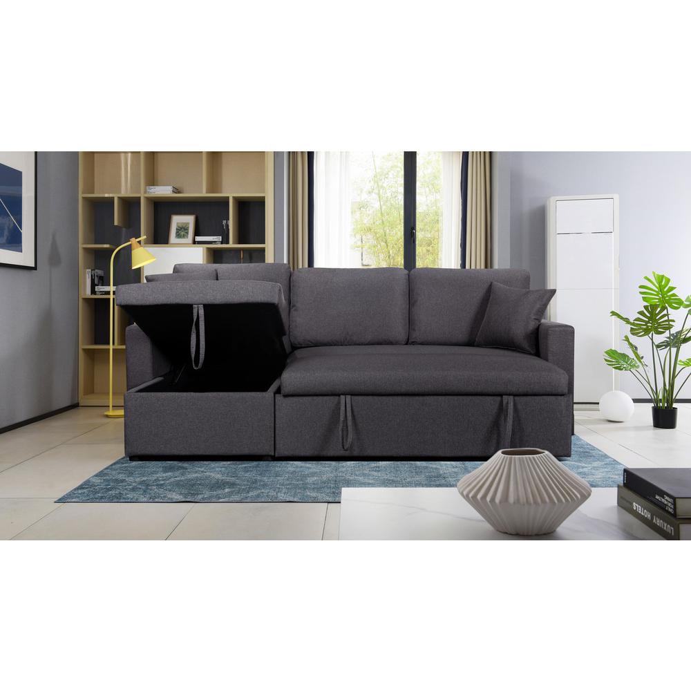 Paisley Dark Gray Linen Fabric Reversible Sleeper Sectional Sofa with Storage Chaise