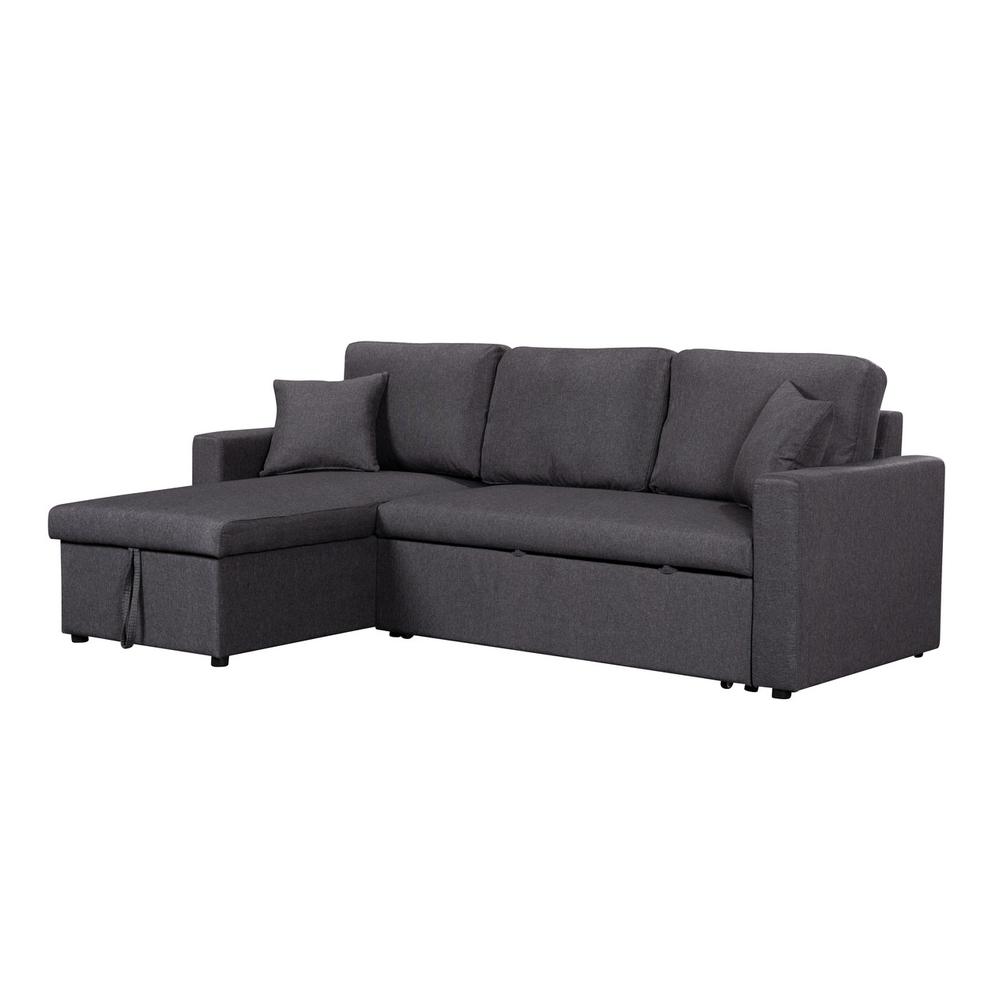 Paisley Dark Gray Linen Fabric Reversible Sleeper Sectional Sofa with Storage Chaise