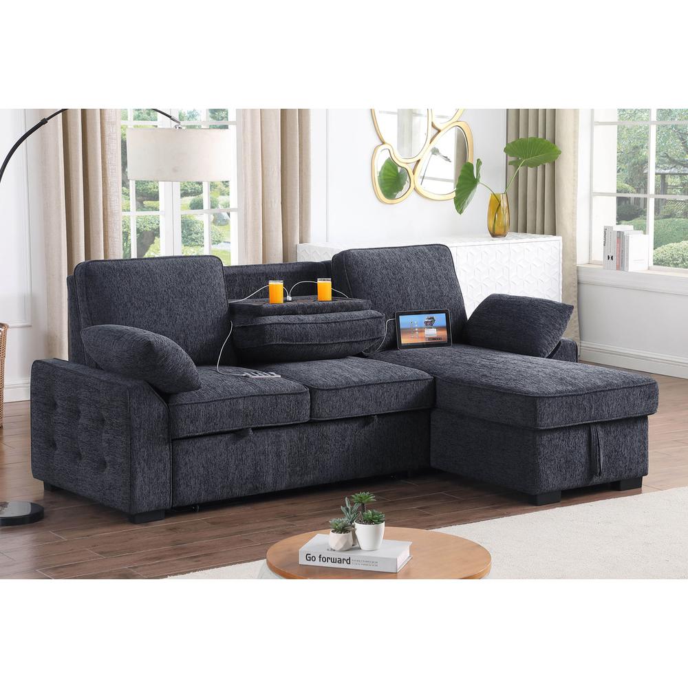Mackenzie Dark Gray Chenille Fabric Sleeper Sectional with Right-Facing Storage Chaise