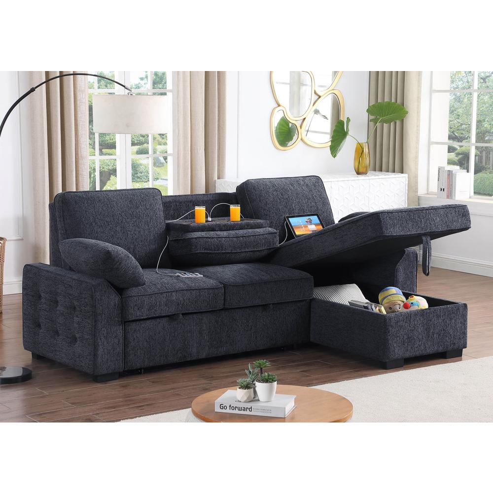 Mackenzie Dark Gray Chenille Fabric Sleeper Sectional with Right-Facing Storage Chaise