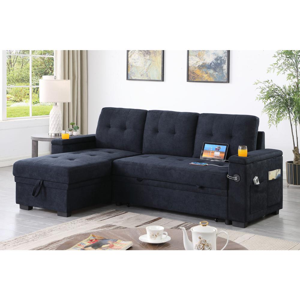 84″W Dark Gray Woven Fabric Reversible Sleeper Sectional Sofa