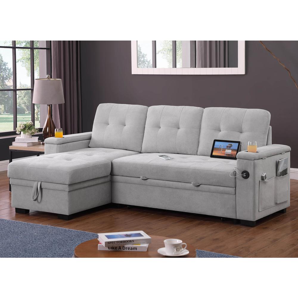 84″W Gray Woven Fabric Reversible Sleeper Sectional Sofa