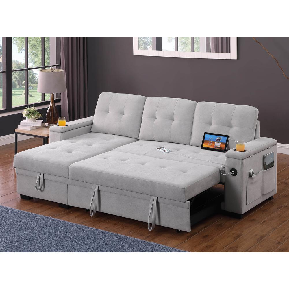 84″W Gray Woven Fabric Reversible Sleeper Sectional Sofa