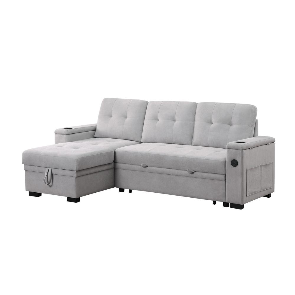 84″W Gray Woven Fabric Reversible Sleeper Sectional Sofa