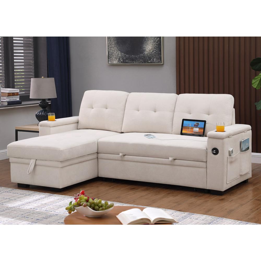 84″W Beige Woven Fabric Reversible Sleeper Sectional Sofa