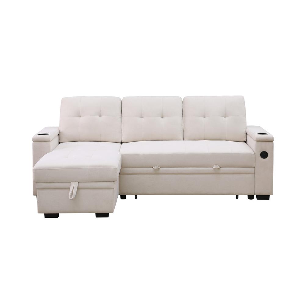 84″W Beige Woven Fabric Reversible Sleeper Sectional Sofa