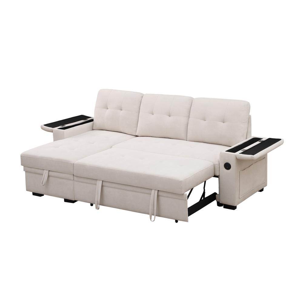 84″W Beige Woven Fabric Reversible Sleeper Sectional Sofa