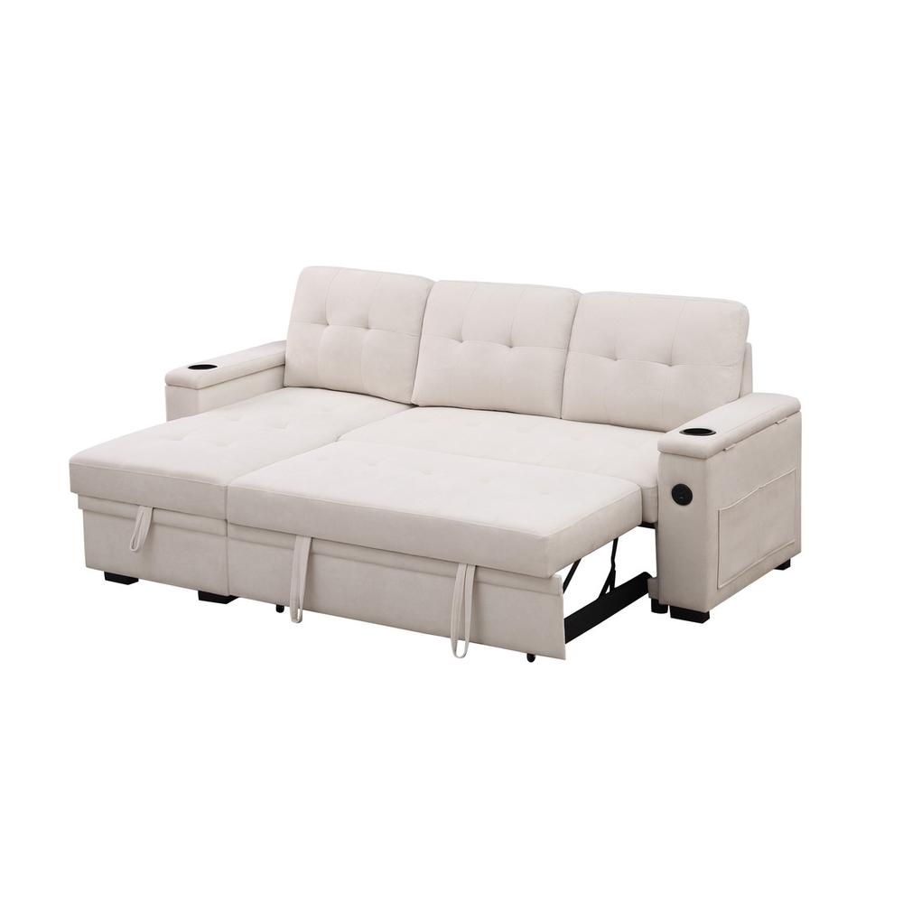 84″W Beige Woven Fabric Reversible Sleeper Sectional Sofa