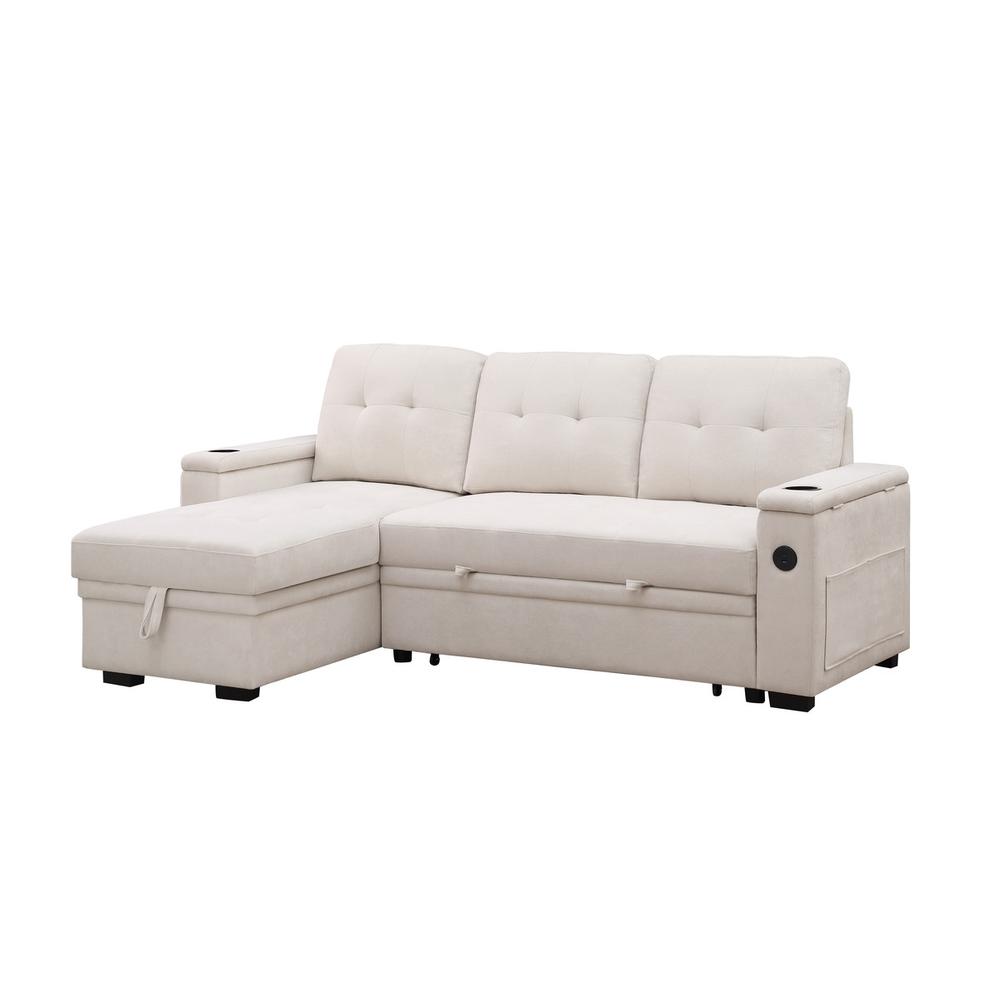 84″W Beige Woven Fabric Reversible Sleeper Sectional Sofa