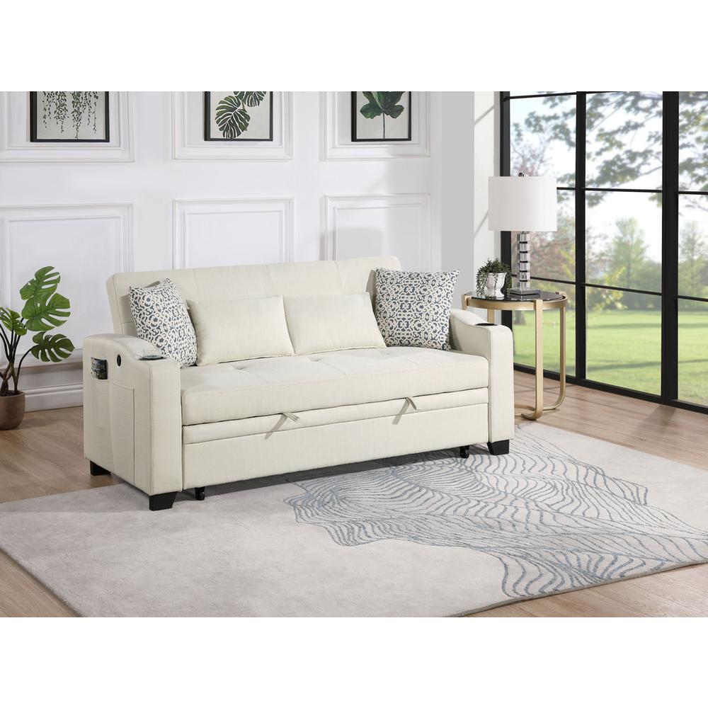 71″W Beige Fabric Convertible Sleeper Loveseat with USB Charger