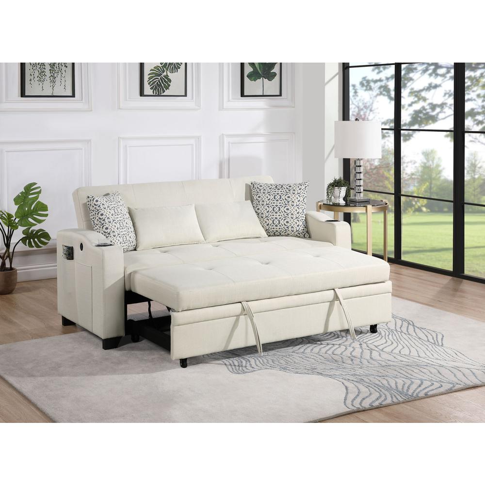 71″W Beige Fabric Convertible Sleeper Loveseat with USB Charger